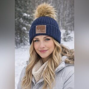 Love Your Melon Navy Blue Knit Cuff Beanie with Tan Pom-Pom